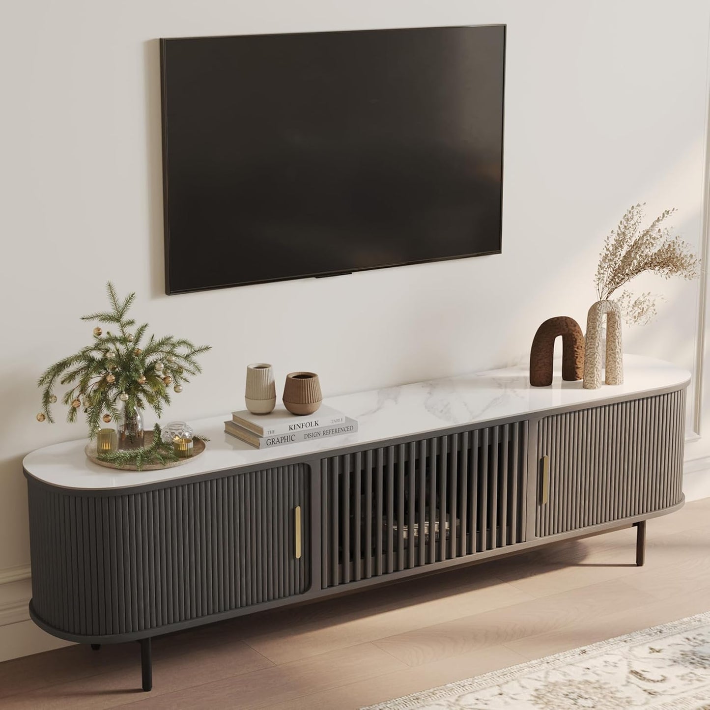 POVISON Fully-Assembled Mid Century Modern TV Stand for 65 inch TV, Sliding Door Entertainment Center with Storage, Wood TV Console, Media Console for Living Room Bedroom(Black, 70.87")