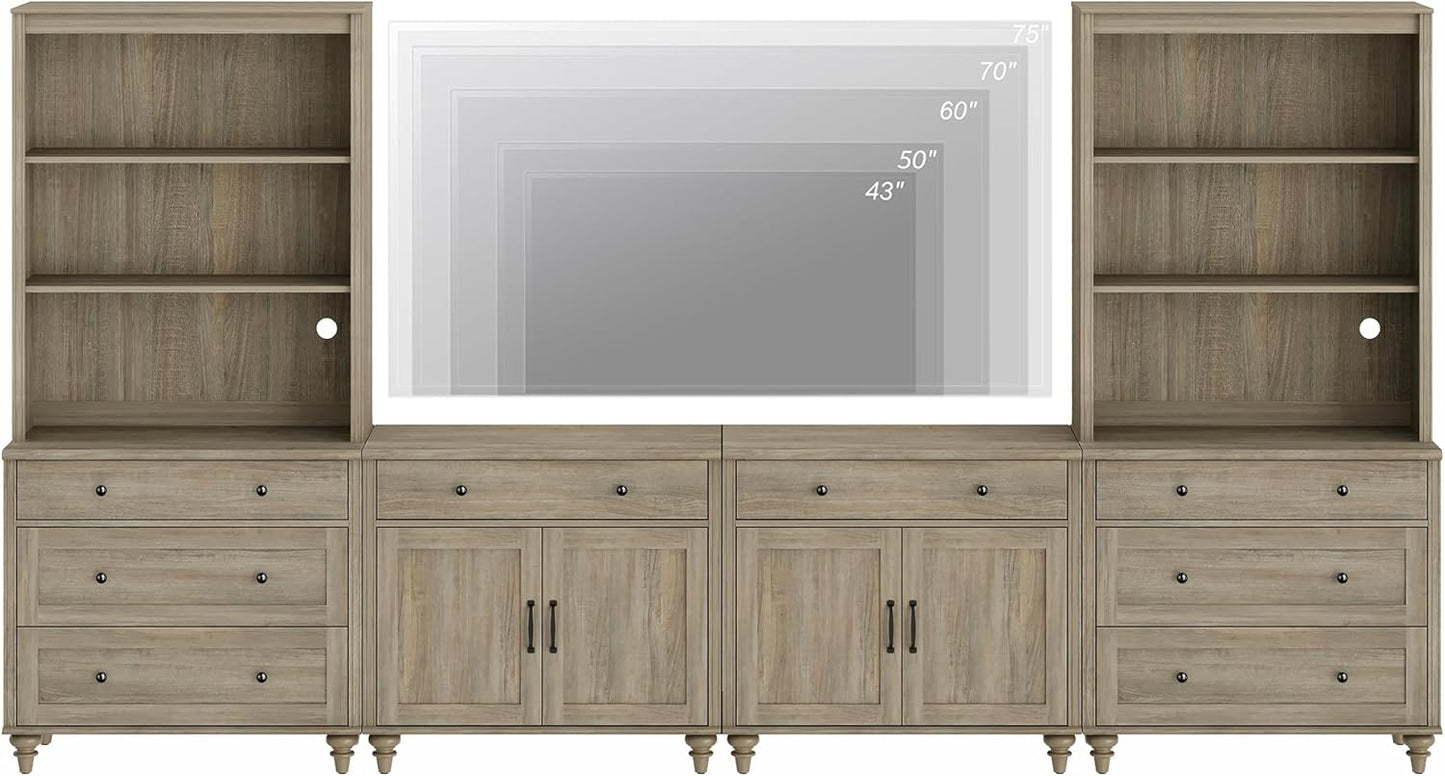WAMPAT Entertainment Center with Bookshelves for TVs up to 75", Farmhouse Wall Unit TV Stand with Doors & Drawer, Media Console Table for Living Room, Bedroom & Home Theater, Wash Grey