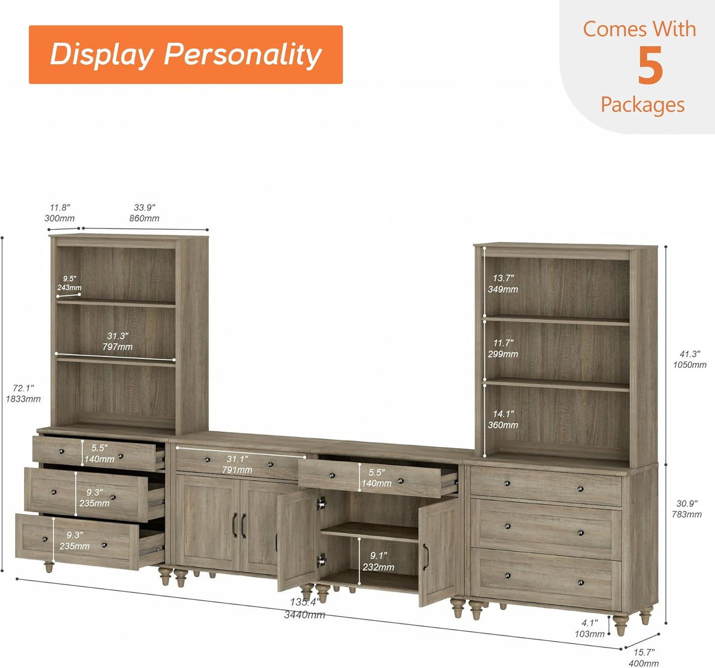 WAMPAT Entertainment Center with Bookshelves for TVs up to 75", Farmhouse Wall Unit TV Stand with Doors & Drawer, Media Console Table for Living Room, Bedroom & Home Theater, Wash Grey