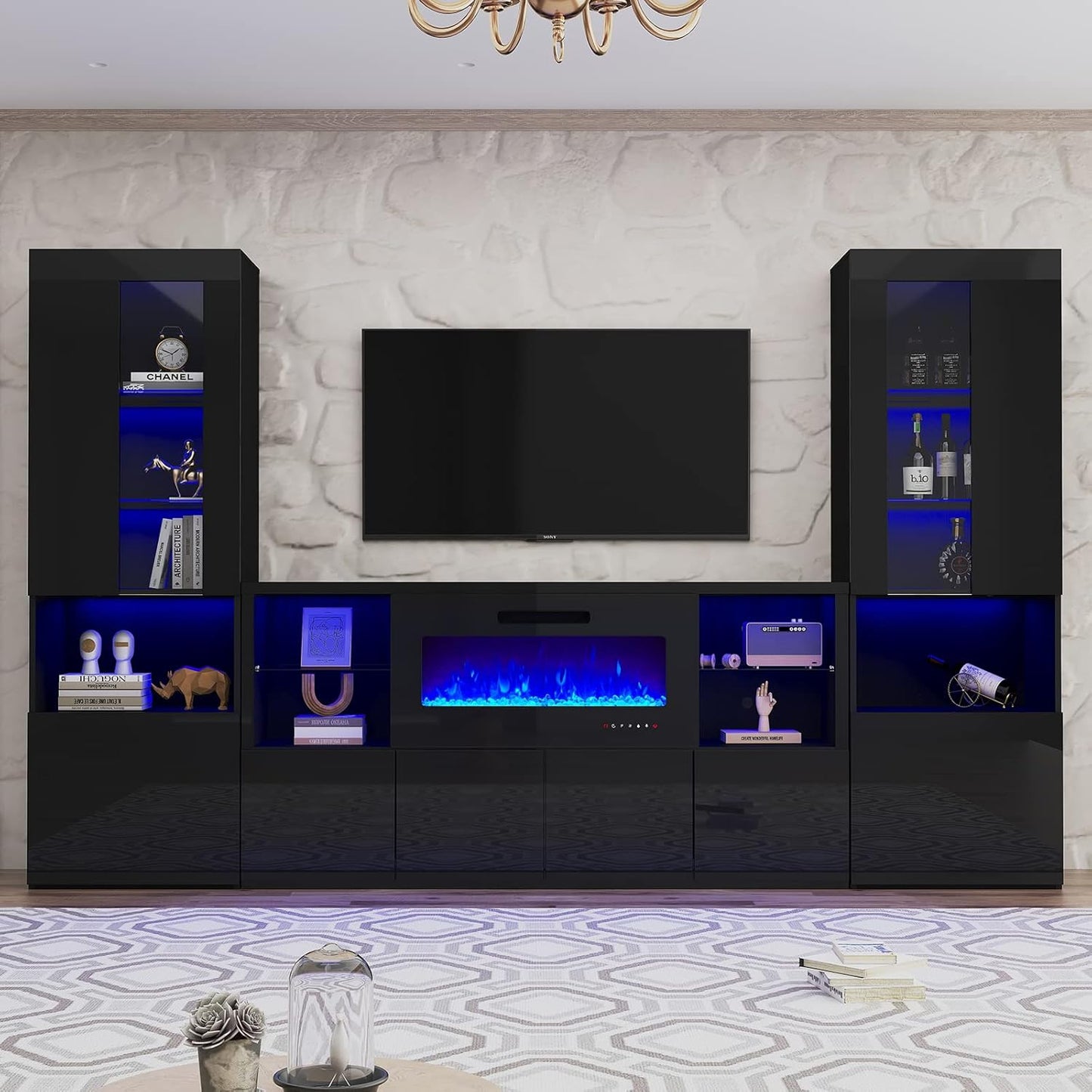 AMERLIFE 3 Piece Modern High Gloss Fireplace TV Stand + Bookcase Set for Living Room Includes 68" TV Stand with 40" Fireplace, 2 X Bookcase with Doors & 20 Colors LED Lights, White
