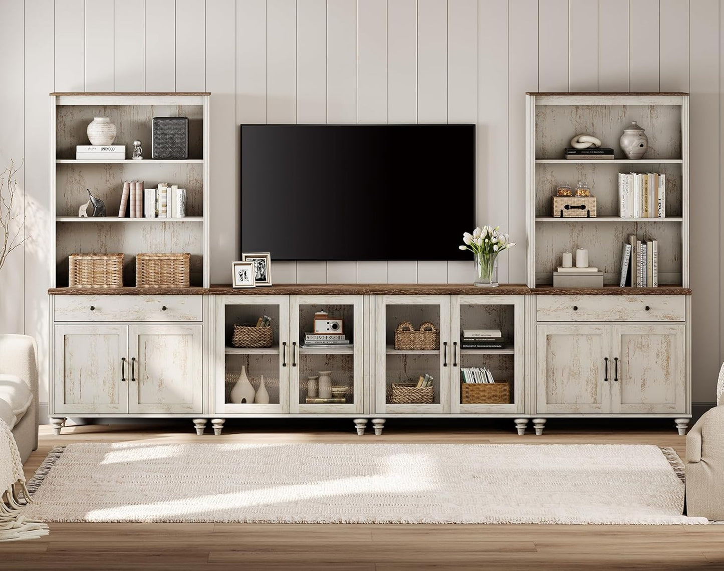 WAMPAT Entertainment Center with Bookshelves for TVs up to 75", Farmhouse Wall Unit TV Stand with Doors & Drawer, Media Console Table for Living Room, Bedroom & Home Theater, Wash Grey