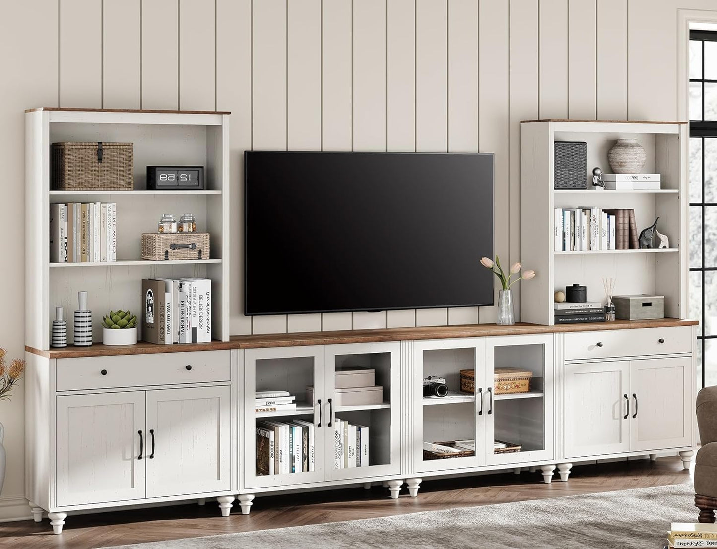WAMPAT Entertainment Center with Bookshelves for TVs up to 75", Farmhouse Wall Unit TV Stand with Doors & Drawer, Media Console Table for Living Room, Bedroom & Home Theater, Wash Grey