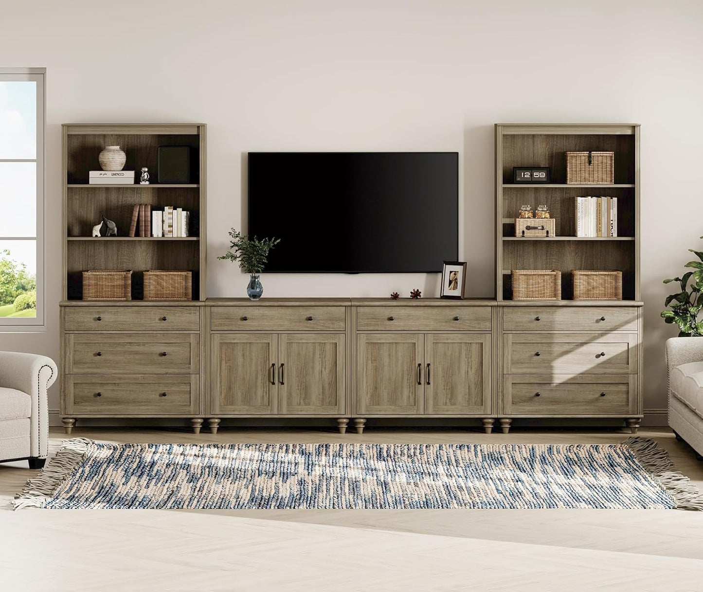 WAMPAT Entertainment Center with Bookshelves for TVs up to 75", Farmhouse Wall Unit TV Stand with Doors & Drawer, Media Console Table for Living Room, Bedroom & Home Theater, Wash Grey