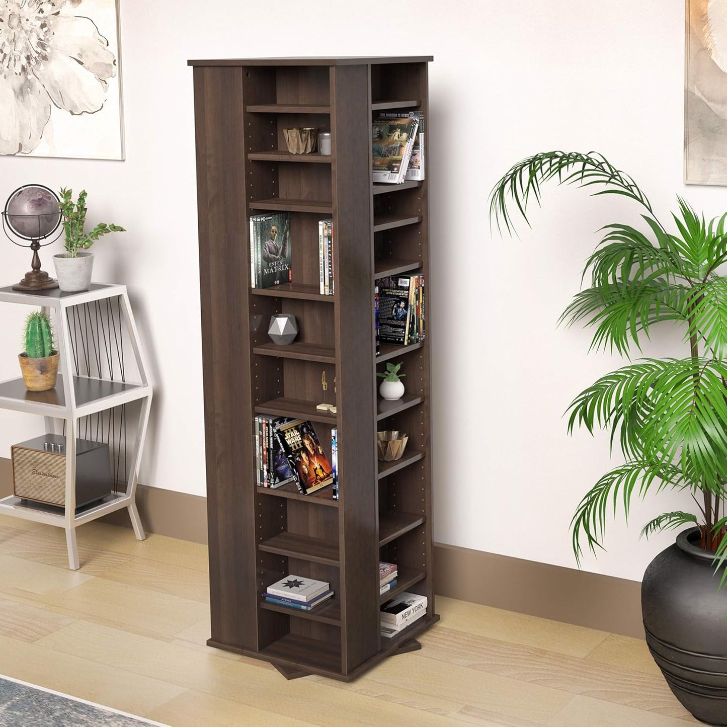 Prepac 4 Revolving Display Cabinet Media Storage, Large Four-Sided Spinning Tower, Espresso