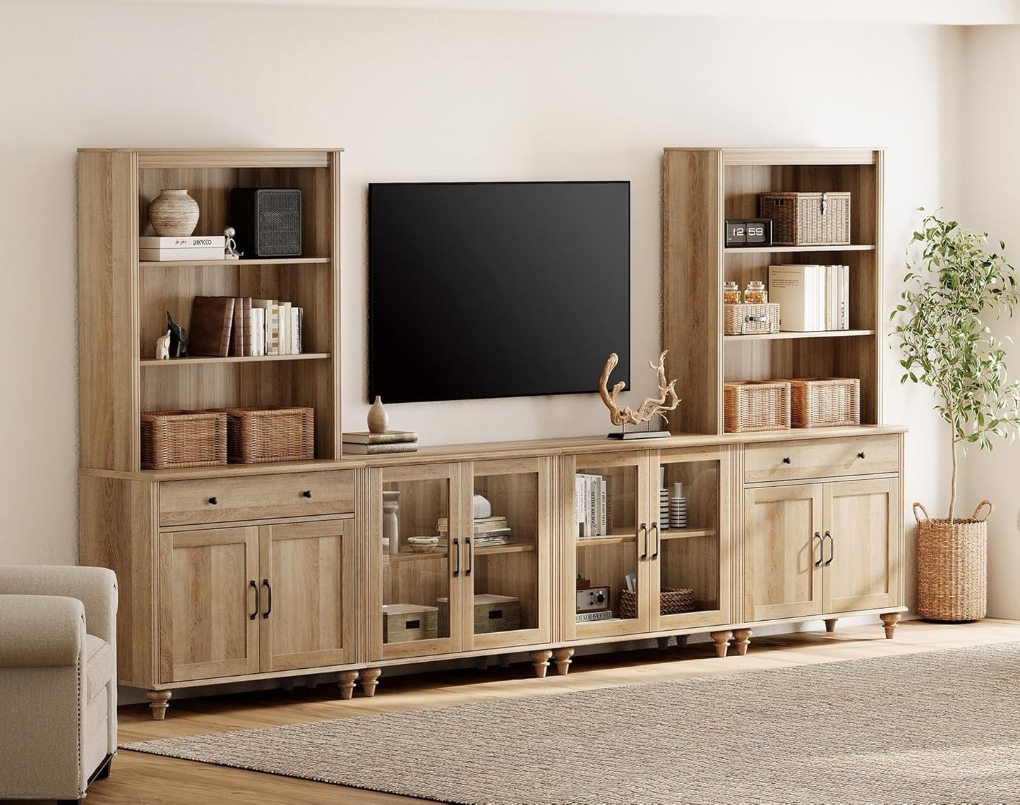 WAMPAT Entertainment Center with Bookshelves for TVs up to 75", Farmhouse Wall Unit TV Stand with Doors & Drawer, Media Console Table for Living Room, Bedroom & Home Theater, Wash Grey