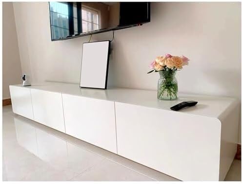 White TV Stand with Storage Drawers & Router Hole, Modern Entertainment Center, Media Console for Bedroom, Dorm Room, Office(220x35x30cm)