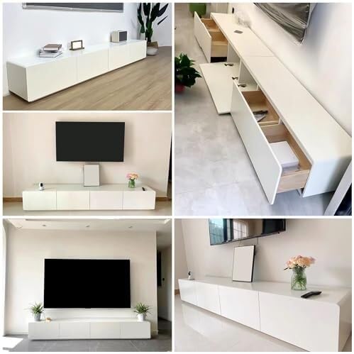 White TV Stand with Storage Drawers & Router Hole, Modern Entertainment Center, Media Console for Bedroom, Dorm Room, Office(220x35x30cm)