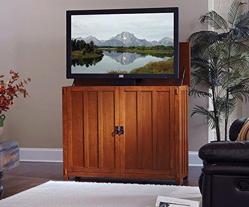 Touchstone Elevate TV Lift Cabinet – Model 72006 – Fits TVs Up to 50-Inch Diagonal (45-Inch Wide) – Mission Oak Finish – SRV 3900 Lift – Wired & RF Remote – Alexa Compatible