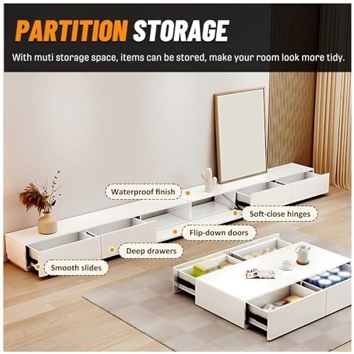 White TV Stand with Storage Drawers & Router Hole, Modern Entertainment Center, Media Console for Bedroom, Dorm Room, Office(220x35x30cm)