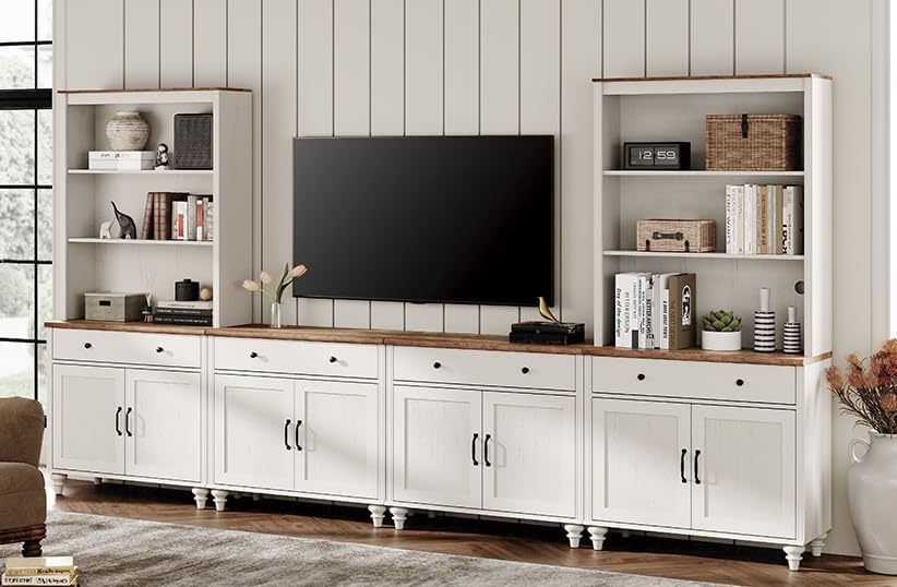 WAMPAT Entertainment Center with Bookshelves for TVs up to 75", Farmhouse Wall Unit TV Stand with Doors & Drawer, Media Console Table for Living Room, Bedroom & Home Theater, Wash Grey