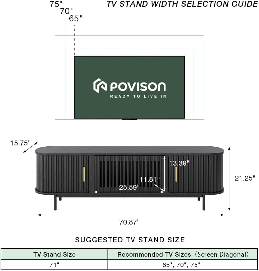 POVISON Fully-Assembled Mid Century Modern TV Stand for 65 inch TV, Sliding Door Entertainment Center with Storage, Wood TV Console, Media Console for Living Room Bedroom(Black, 70.87")