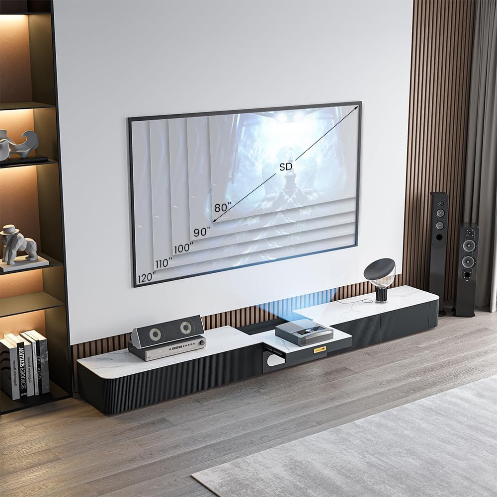 POVISON Fully-Assembled Modern TV Stand for Projector, Sintered Stone Entertainment Center with Storage for 85 inch TV, Wood TV Console, Media Console for Living Room Bedroom