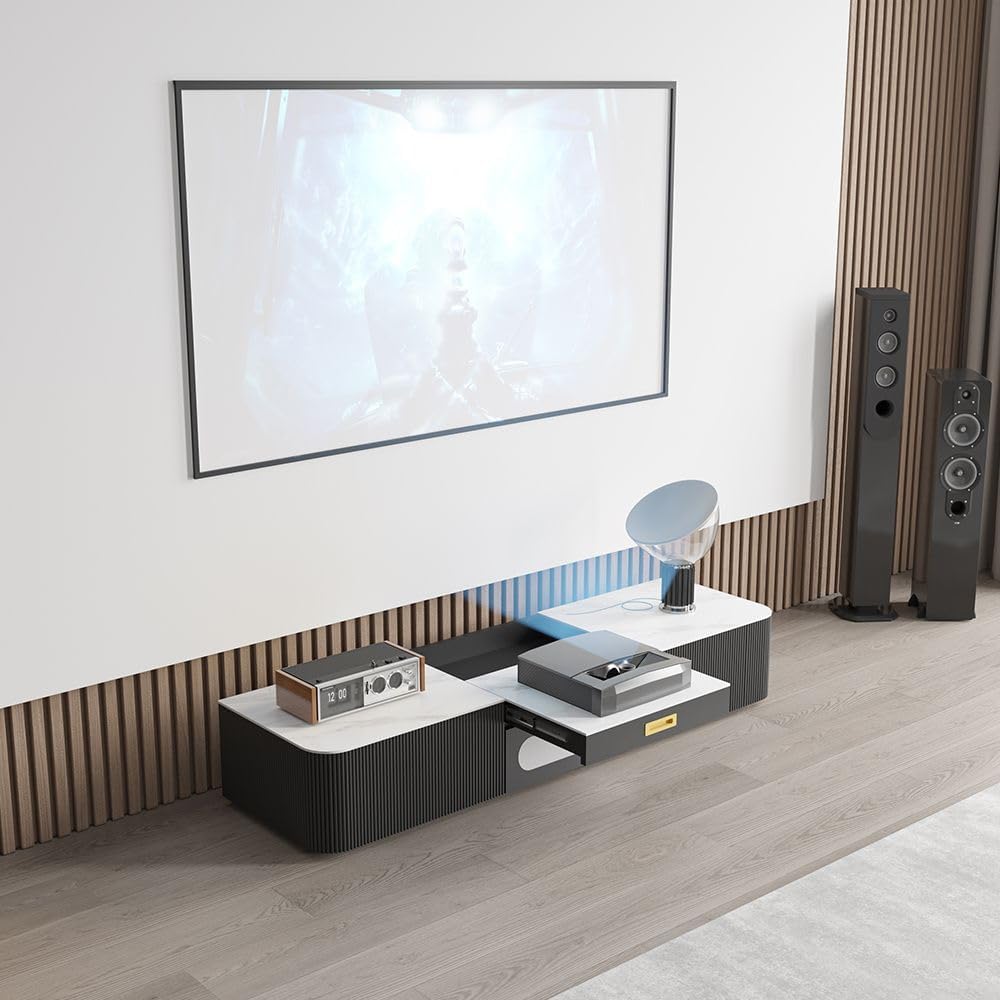 POVISON Fully-Assembled Modern TV Stand for Projector, Sintered Stone Entertainment Center with Storage for 85 inch TV, Wood TV Console, Media Console for Living Room Bedroom