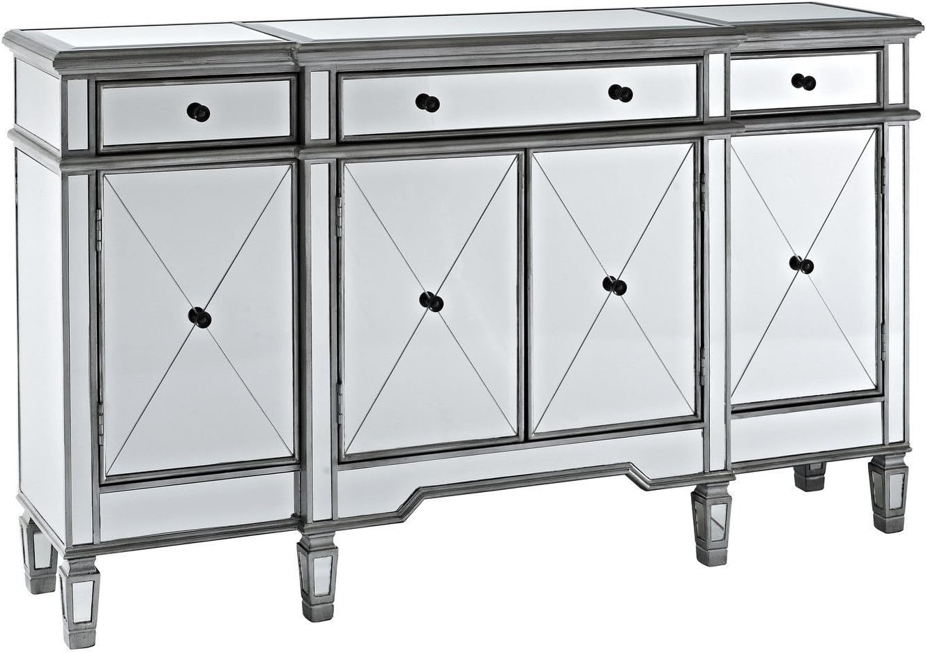 Benton Collection 60" Silver Wood Frame Mirrored Panels Andrea Storage Sideboard Buffet Cabinet for Living Room