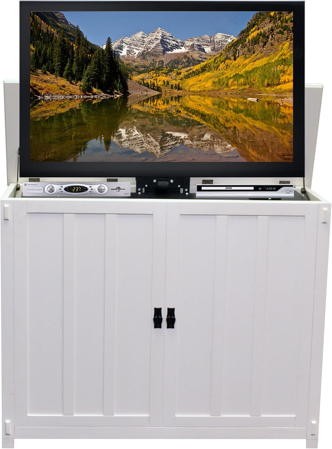 Touchstone Elevate TV Lift Cabinet – Model 72006 – Fits TVs Up to 50-Inch Diagonal (45-Inch Wide) – Mission Oak Finish – SRV 3900 Lift – Wired & RF Remote – Alexa Compatible