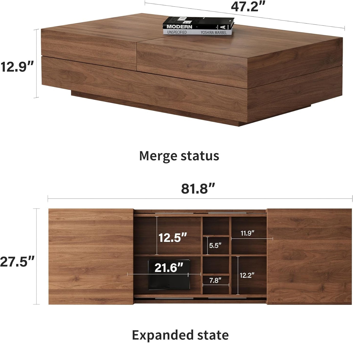 Mid-Century Modern TV Stand & Expandable Coffee Table Set, Walnut Finish, Stylish Storage Combo for Living Room or Bedroom (70.87" TV Stand+Coffee Table)