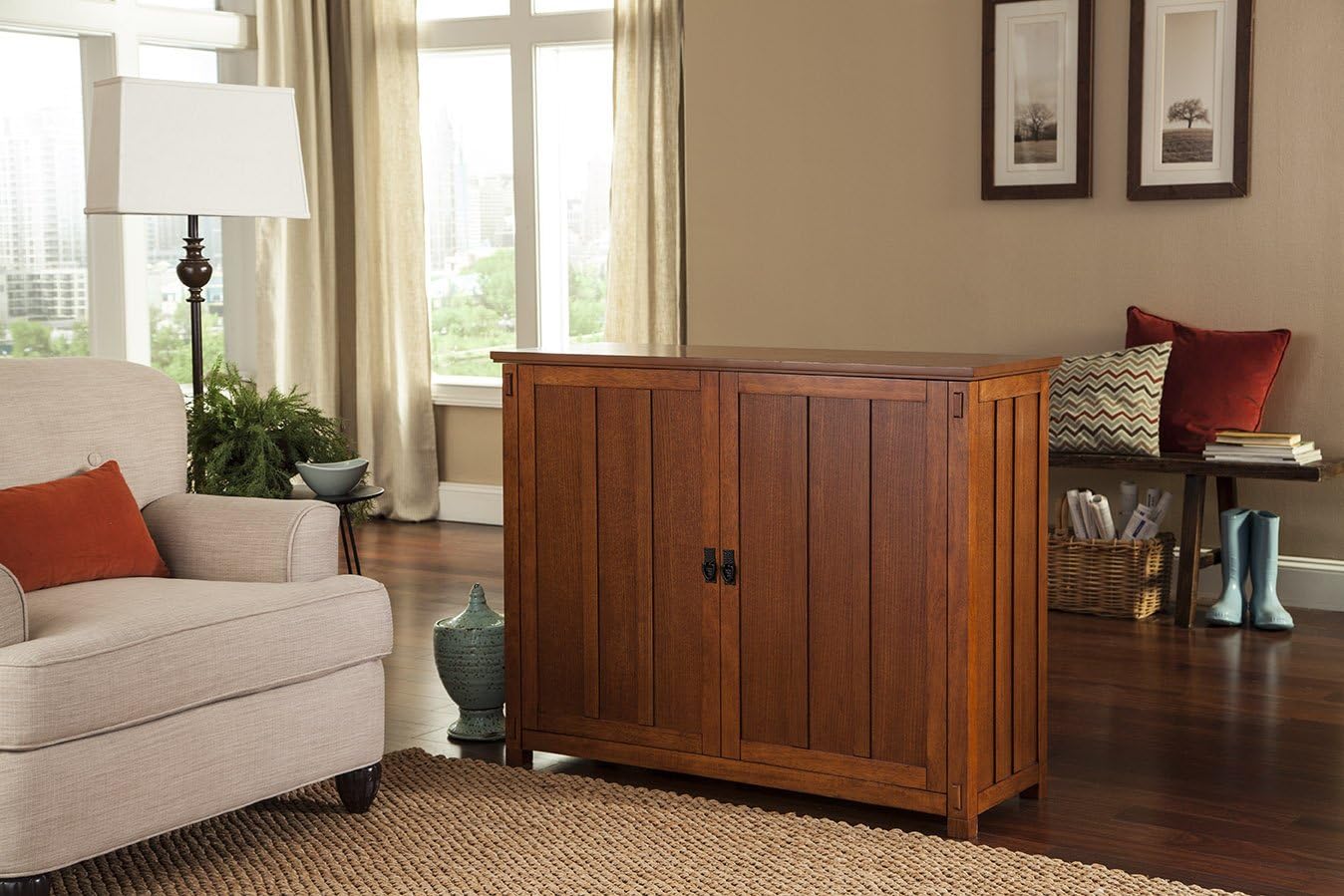 Touchstone Elevate TV Lift Cabinet – Model 72006 – Fits TVs Up to 50-Inch Diagonal (45-Inch Wide) – Mission Oak Finish – SRV 3900 Lift – Wired & RF Remote – Alexa Compatible