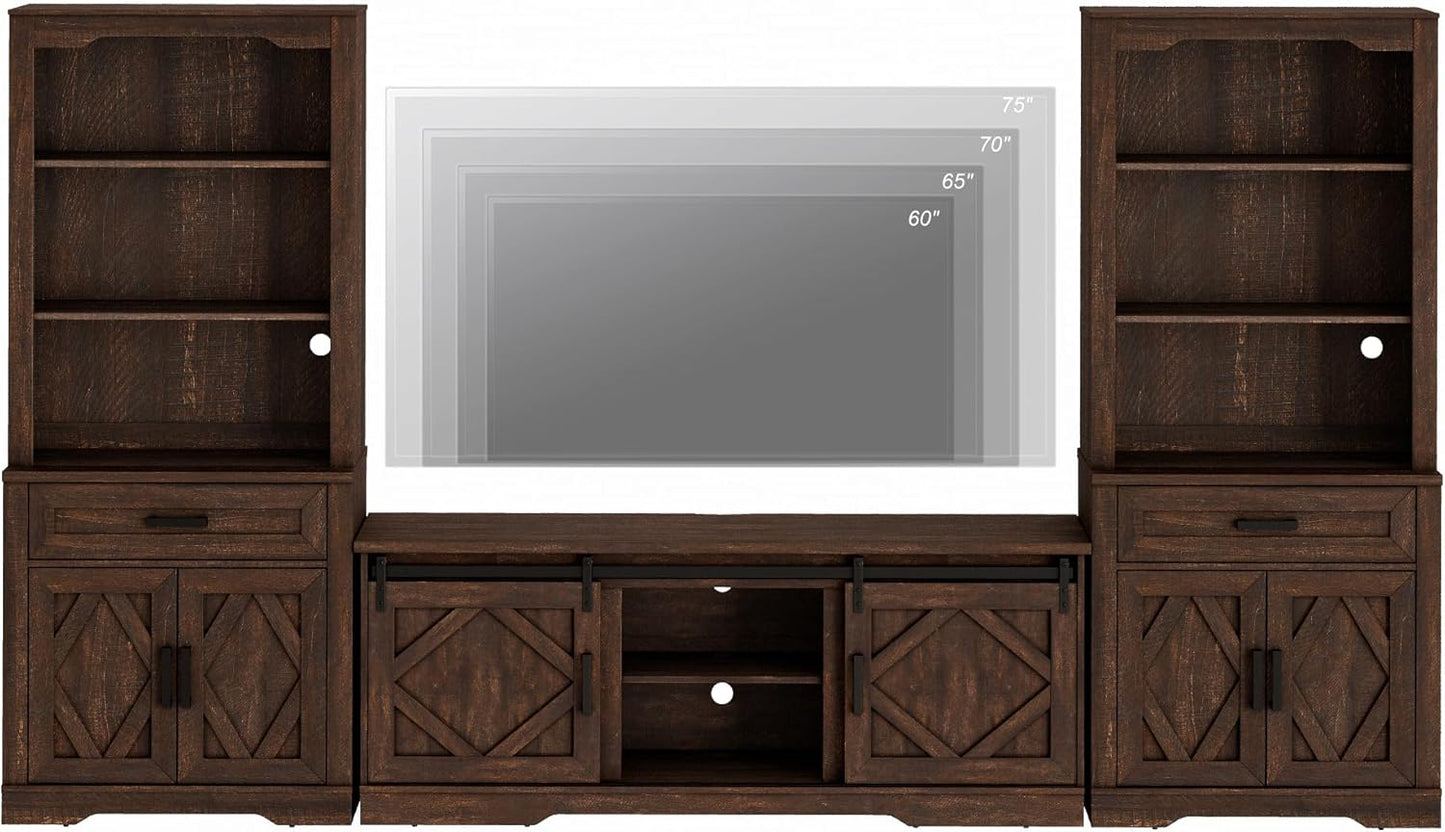 WAMPAT Farmhouse Entertainment Center with Bookshelf for TVs up to 75",Mid Century Modern TV Stand with 73"H Tall 5-Tier Bookcase with Open Storage and Barn Doors for Living Room,Bedroom,Rustic Brown