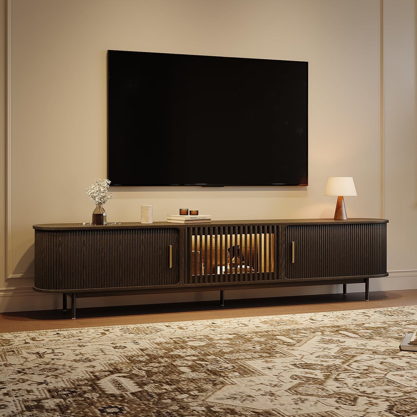 POVISON Fully-Assembled Mid Century Modern TV Stand for 65 inch TV, Sliding Door Entertainment Center with Storage, Wood TV Console, Media Console for Living Room Bedroom(Black, 70.87")