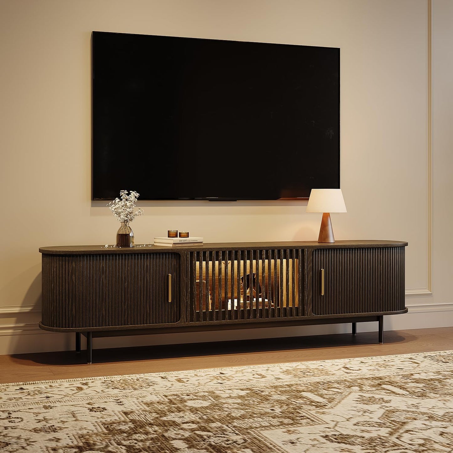 POVISON Fully-Assembled Mid Century Modern TV Stand for 65 inch TV, Sliding Door Entertainment Center with Storage, Wood TV Console, Media Console for Living Room Bedroom(Black, 70.87")