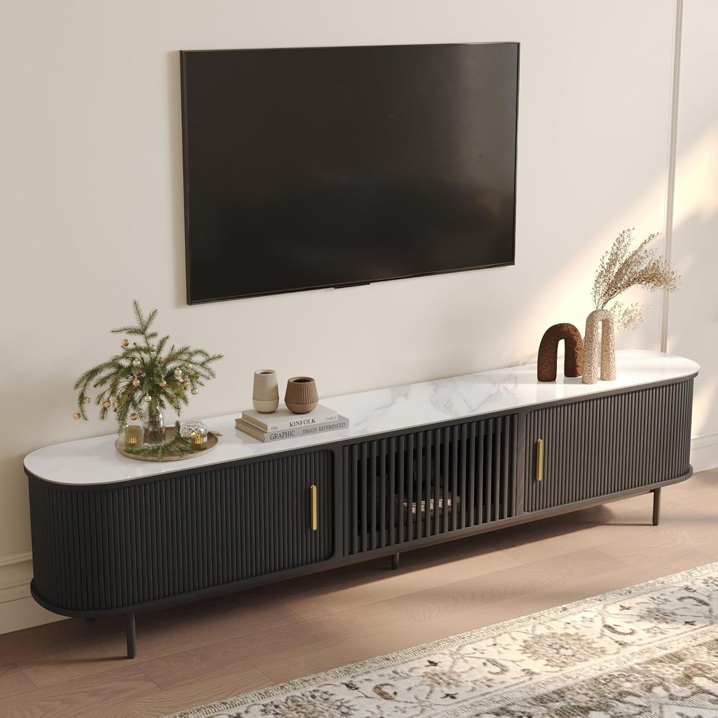 POVISON Fully-Assembled Mid Century Modern TV Stand for 65 inch TV, Sliding Door Entertainment Center with Storage, Wood TV Console, Media Console for Living Room Bedroom(Black, 70.87")