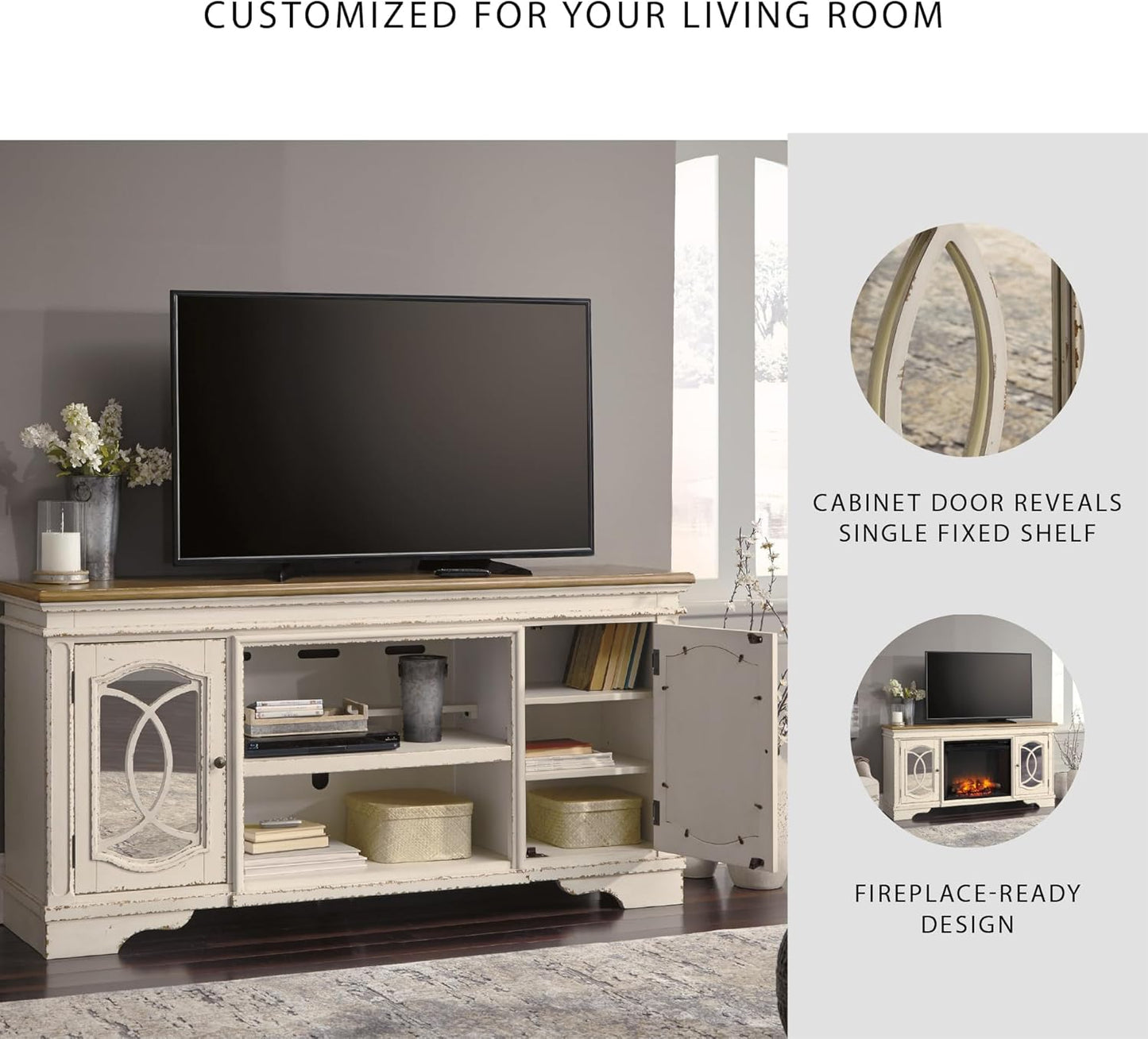 Signature Design by Ashley Realyn Farmhouse TV Stand with Fireplace Option Fits TVs up to 72", 2 Cabinet Doors and Adjustable Storage Shelf, White & Rustic Brown