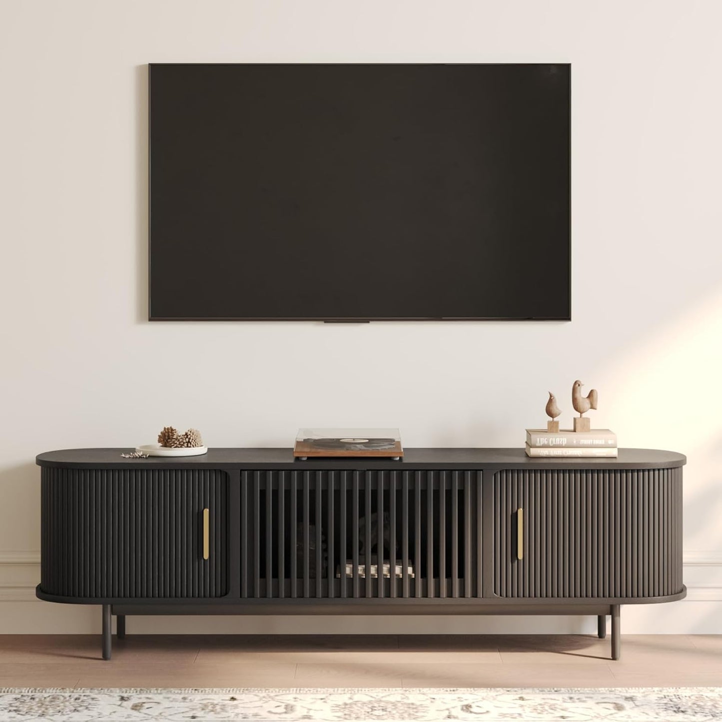 POVISON Fully-Assembled Mid Century Modern TV Stand for 65 inch TV, Sliding Door Entertainment Center with Storage, Wood TV Console, Media Console for Living Room Bedroom(Black, 70.87")