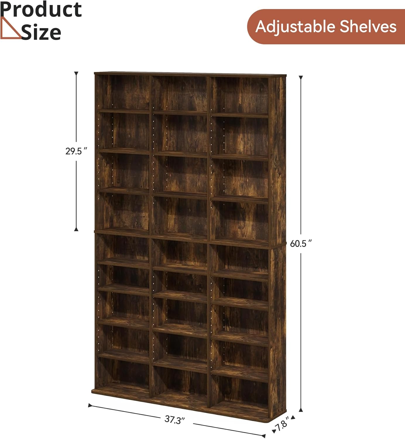 DVD Storage Tower with Adjustable Shelves, 8-Tier DVD Rack Tower for CDs, DVDs, Blu-Rays, Video Games, Rustic Brown Multimedia Storage Cabinet, Media Shelf Organizer for Living Room