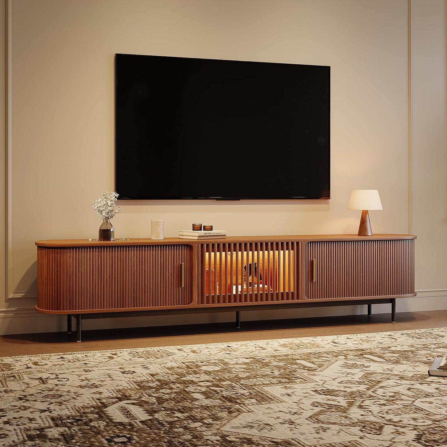 POVISON Fully-Assembled Mid Century Modern TV Stand for 65 inch TV, Sliding Door Entertainment Center with Storage, Wood TV Console, Media Console for Living Room Bedroom(Black, 70.87")