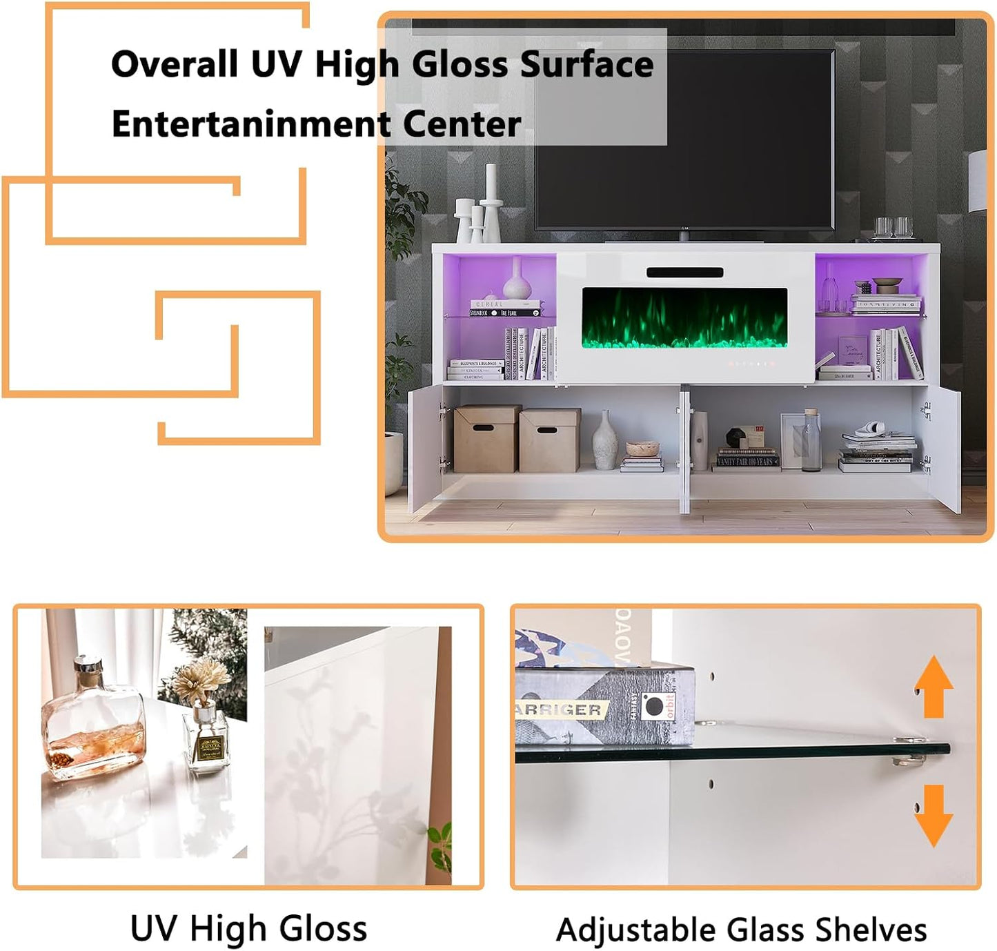 AMERLIFE 3 Piece Modern High Gloss Fireplace TV Stand + Bookcase Set for Living Room Includes 68" TV Stand with 40" Fireplace, 2 X Bookcase with Doors & 20 Colors LED Lights, White