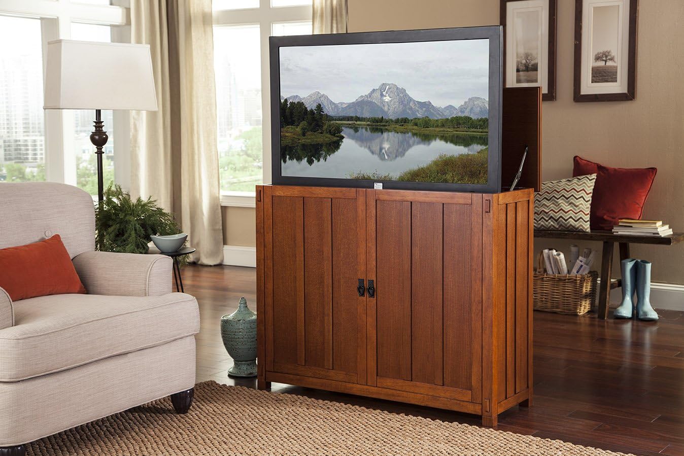 Touchstone Elevate TV Lift Cabinet – Model 72006 – Fits TVs Up to 50-Inch Diagonal (45-Inch Wide) – Mission Oak Finish – SRV 3900 Lift – Wired & RF Remote – Alexa Compatible