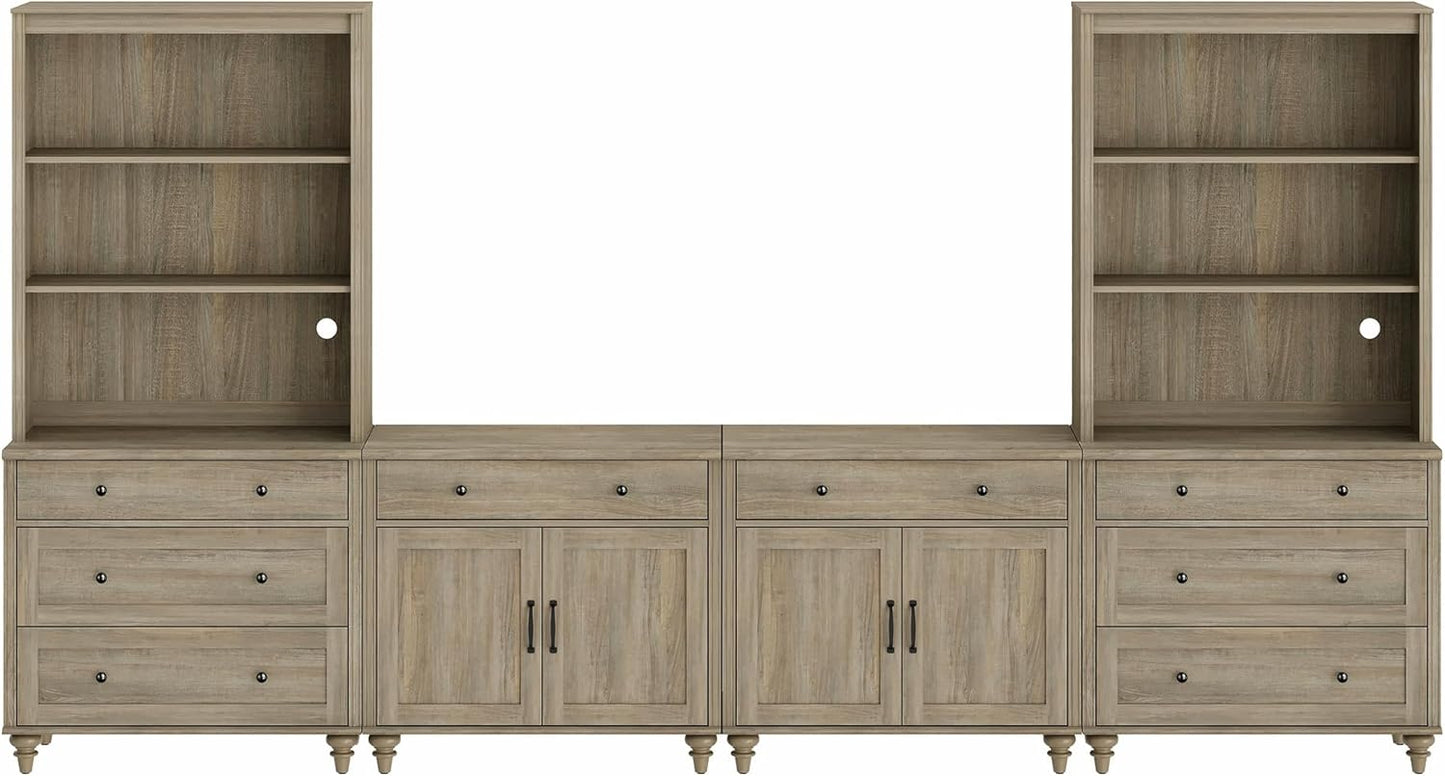 WAMPAT Entertainment Center with Bookshelves for TVs up to 75", Farmhouse Wall Unit TV Stand with Doors & Drawer, Media Console Table for Living Room, Bedroom & Home Theater, Wash Grey