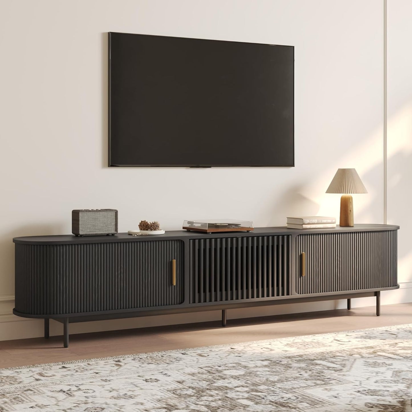 POVISON Fully-Assembled Mid Century Modern TV Stand for 65 inch TV, Sliding Door Entertainment Center with Storage, Wood TV Console, Media Console for Living Room Bedroom(Black, 70.87")