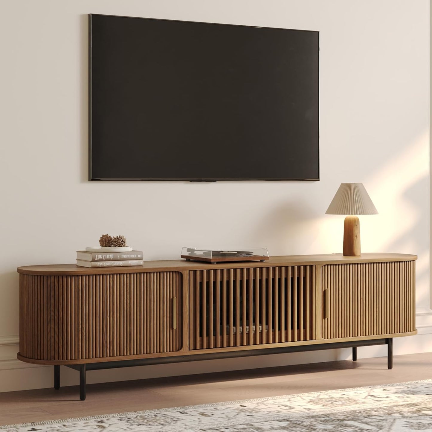 POVISON Fully-Assembled Mid Century Modern TV Stand for 65 inch TV, Sliding Door Entertainment Center with Storage, Wood TV Console, Media Console for Living Room Bedroom(Black, 70.87")