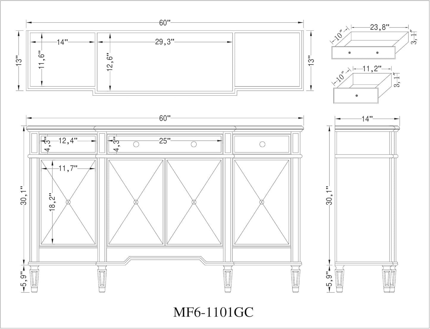 Benton Collection 60" Silver Wood Frame Mirrored Panels Andrea Storage Sideboard Buffet Cabinet for Living Room