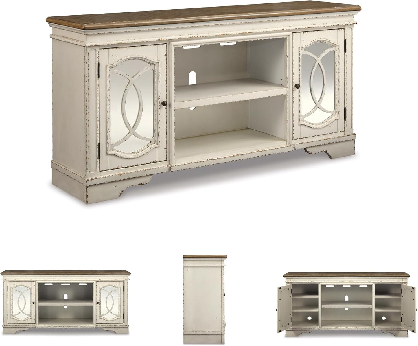Signature Design by Ashley Realyn Farmhouse TV Stand with Fireplace Option Fits TVs up to 72", 2 Cabinet Doors and Adjustable Storage Shelf, White & Rustic Brown