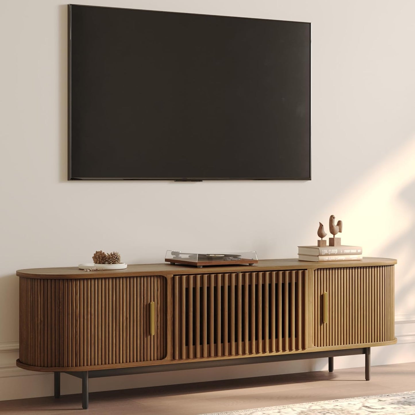 POVISON Fully-Assembled Mid Century Modern TV Stand for 65 inch TV, Sliding Door Entertainment Center with Storage, Wood TV Console, Media Console for Living Room Bedroom(Black, 70.87")