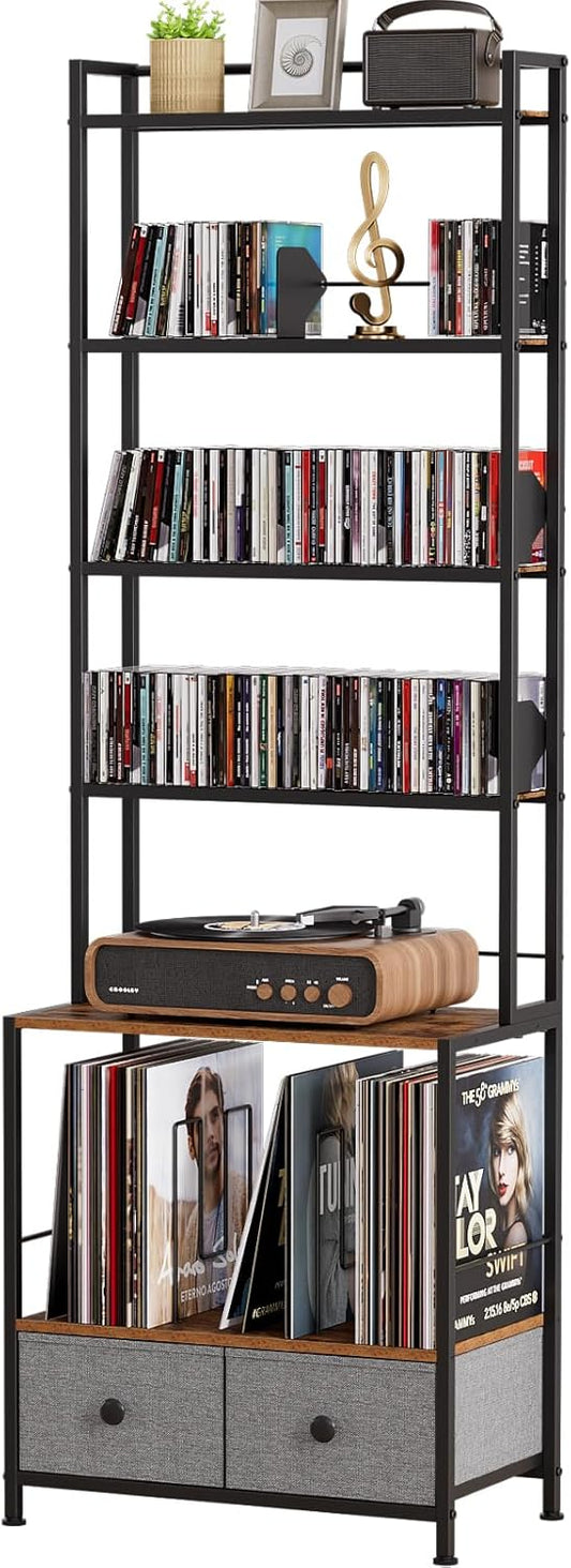 DVD Storage Vinyl Record Storage Rack, 6-Tier CD Rack Tower with Drawers for CDs, DVDs, Albums, Books & Games, Vinyl Record Holder & DVD Shelf Organizer for Living Room & Home Office, 20.8x11.8x63Inch