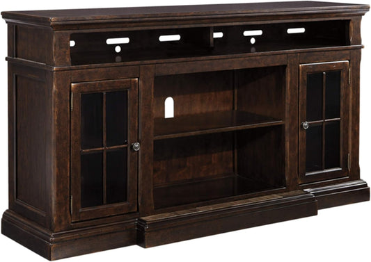 Signature Design by Ashley Roddinton Traditional TV Stand With Fireplace Option Fits TVs up to 70", 2 Cabinets and Storage Shelves, Dark Brown