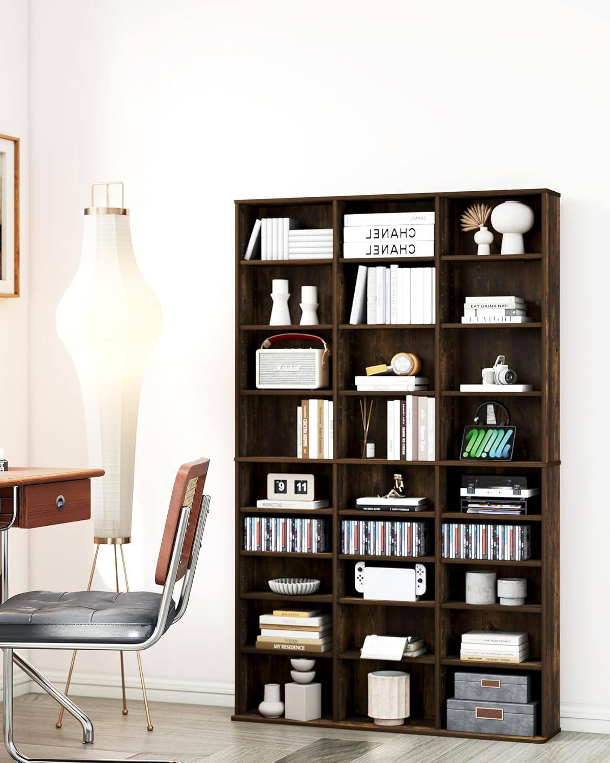 DVD Storage Tower with Adjustable Shelves, 8-Tier DVD Rack Tower for CDs, DVDs, Blu-Rays, Video Games, Rustic Brown Multimedia Storage Cabinet, Media Shelf Organizer for Living Room
