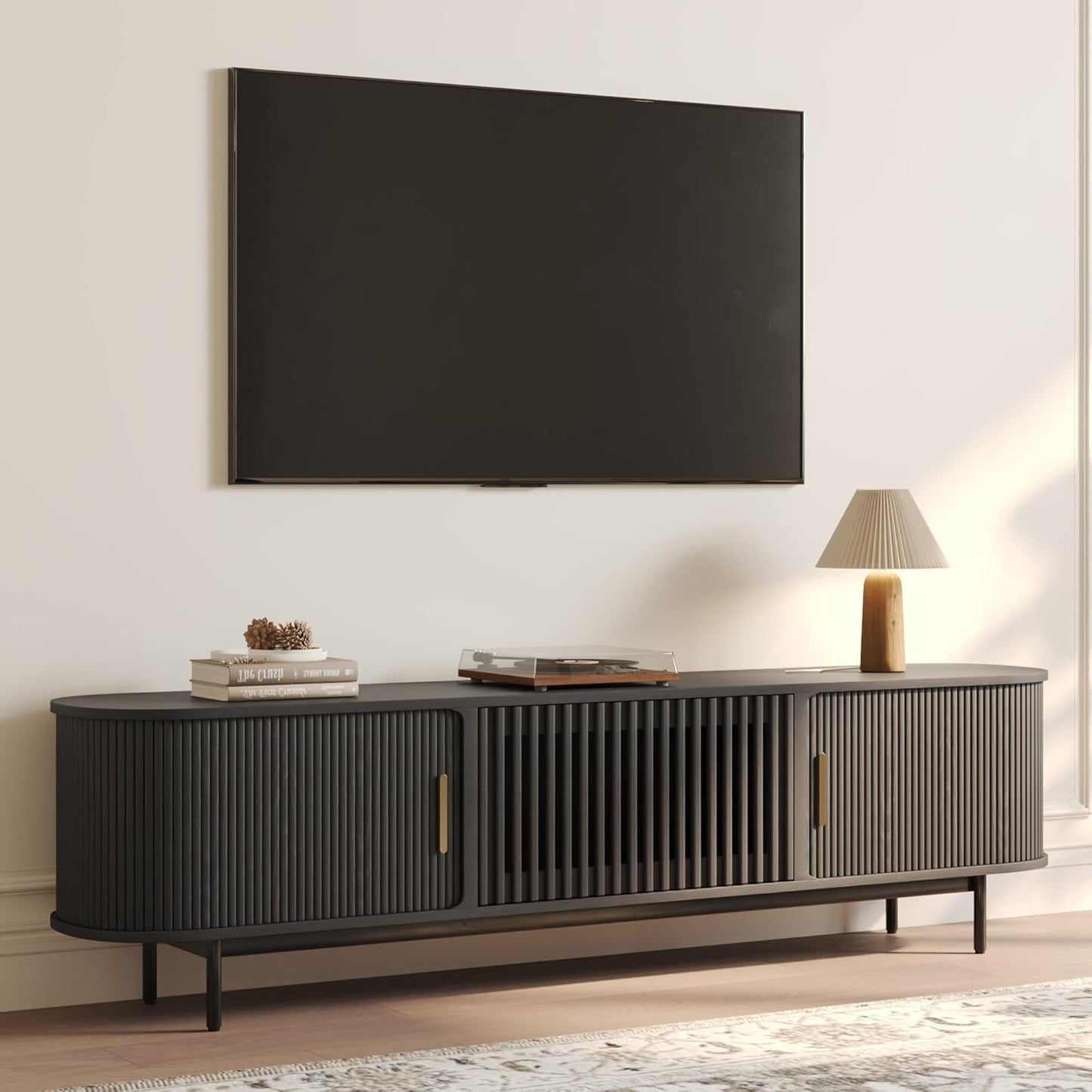 POVISON Fully-Assembled Mid Century Modern TV Stand for 65 inch TV, Sliding Door Entertainment Center with Storage, Wood TV Console, Media Console for Living Room Bedroom(Black, 70.87")