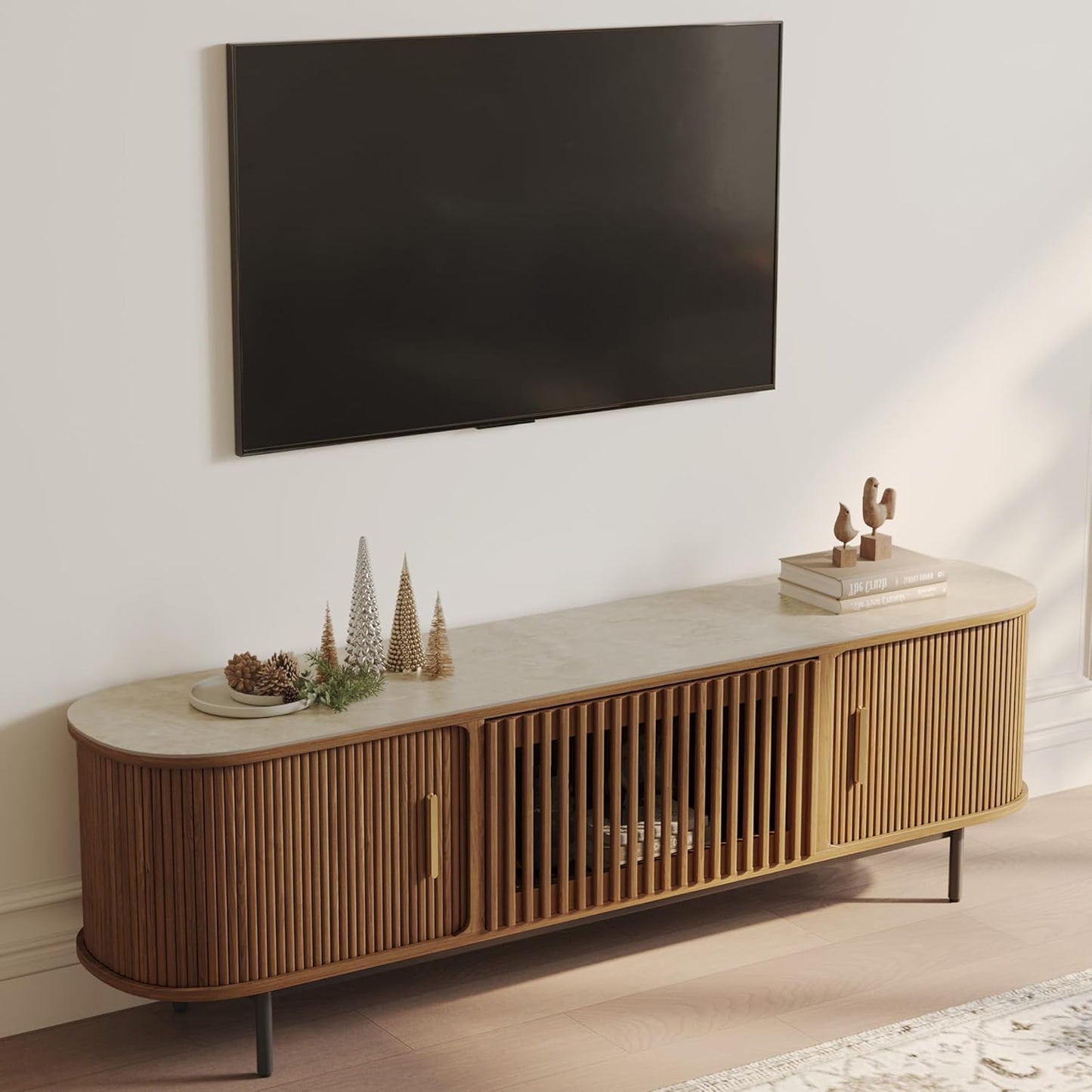 POVISON Fully-Assembled Mid Century Modern TV Stand for 65 inch TV, Sliding Door Entertainment Center with Storage, Wood TV Console, Media Console for Living Room Bedroom(Black, 70.87")