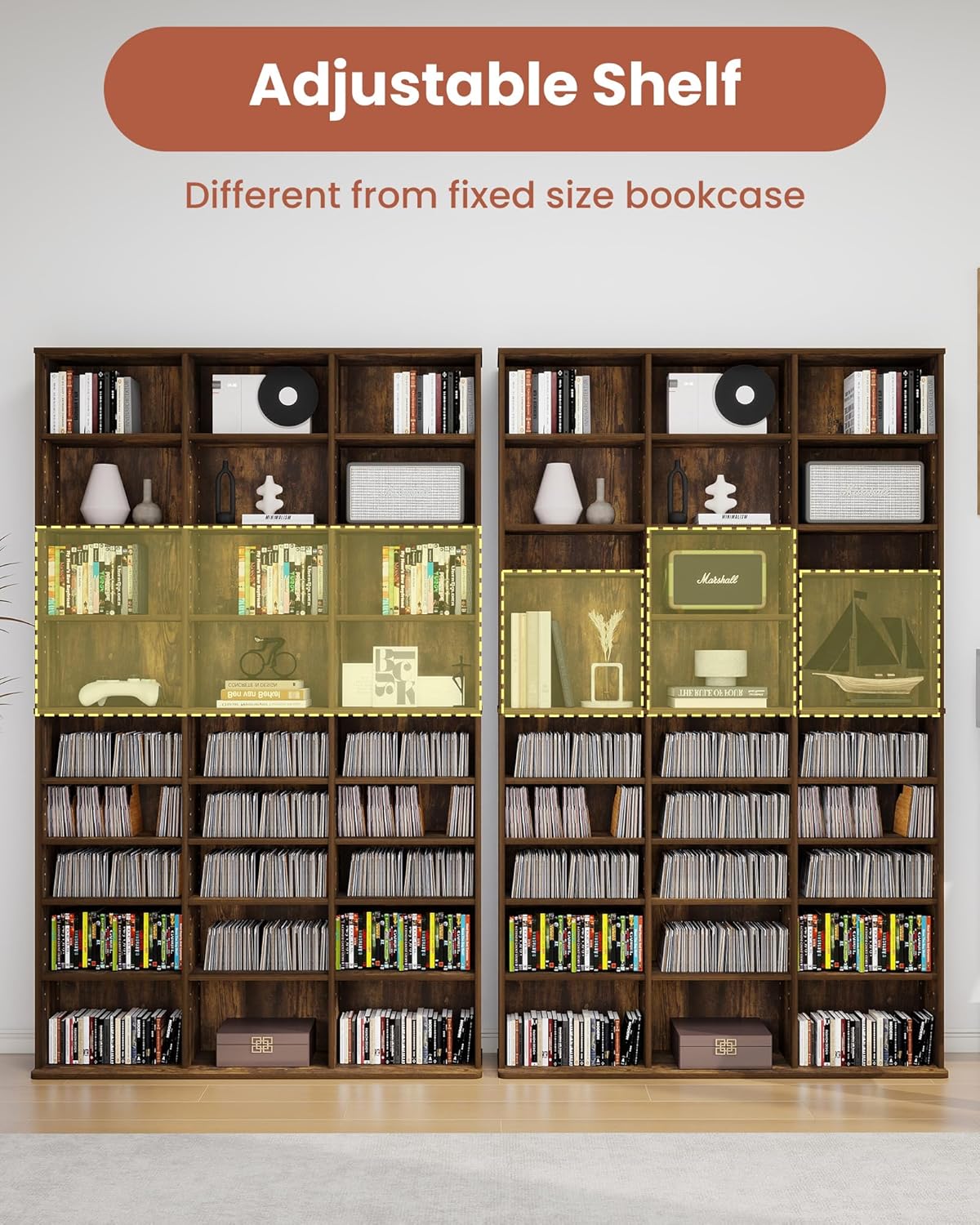 DVD Storage Tower with Adjustable Shelves, 8-Tier DVD Rack Tower for CDs, DVDs, Blu-Rays, Video Games, Rustic Brown Multimedia Storage Cabinet, Media Shelf Organizer for Living Room