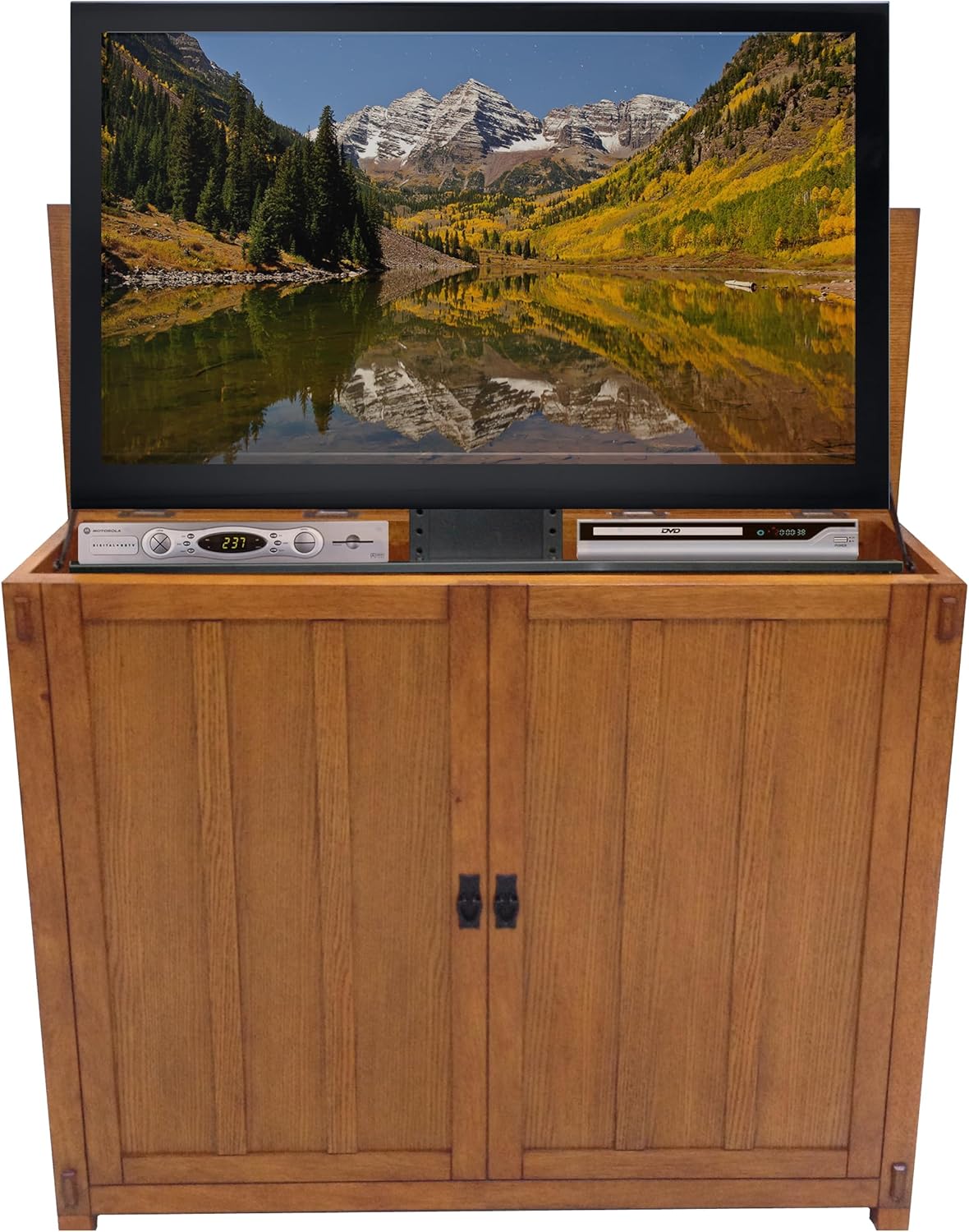 Touchstone Elevate TV Lift Cabinet – Model 72006 – Fits TVs Up to 50-Inch Diagonal (45-Inch Wide) – Mission Oak Finish – SRV 3900 Lift – Wired & RF Remote – Alexa Compatible