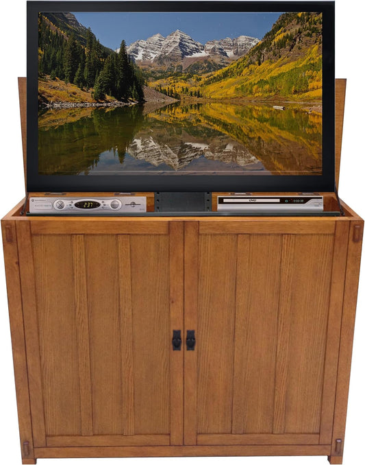 Touchstone Elevate TV Lift Cabinet – Model 72006 – Fits TVs Up to 50-Inch Diagonal (45-Inch Wide) – Mission Oak Finish – SRV 3900 Lift – Wired & RF Remote – Alexa Compatible