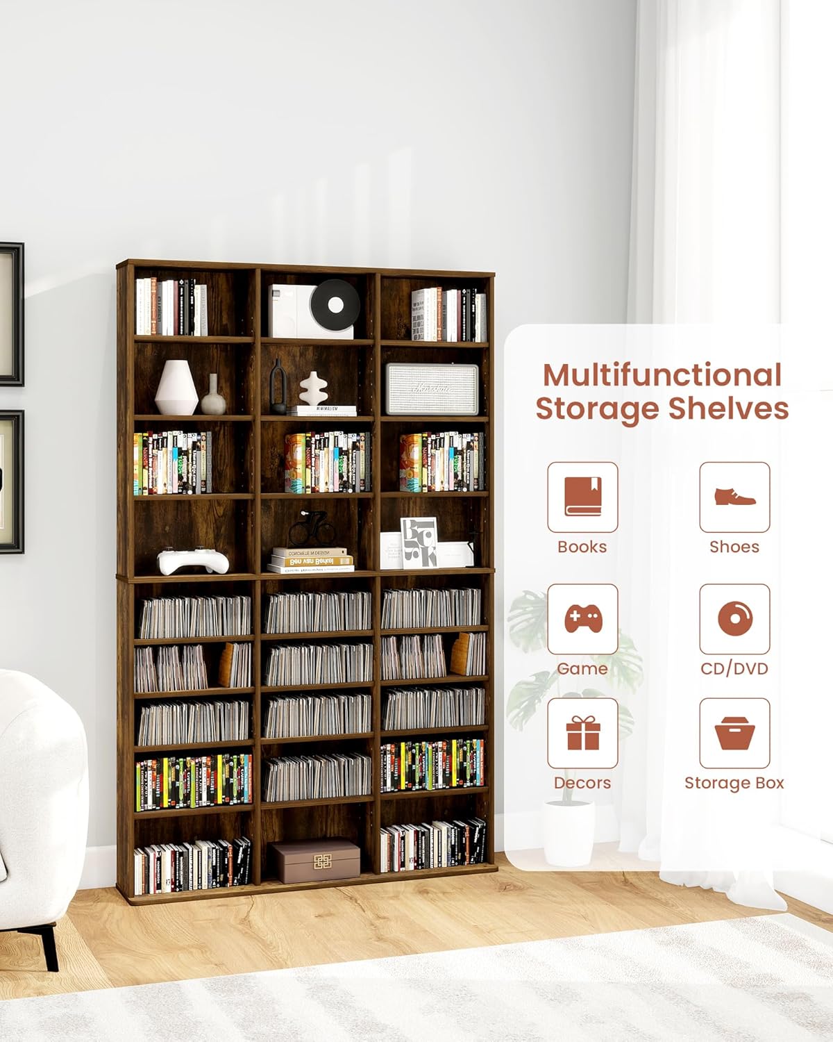 DVD Storage Tower with Adjustable Shelves, 8-Tier DVD Rack Tower for CDs, DVDs, Blu-Rays, Video Games, Rustic Brown Multimedia Storage Cabinet, Media Shelf Organizer for Living Room