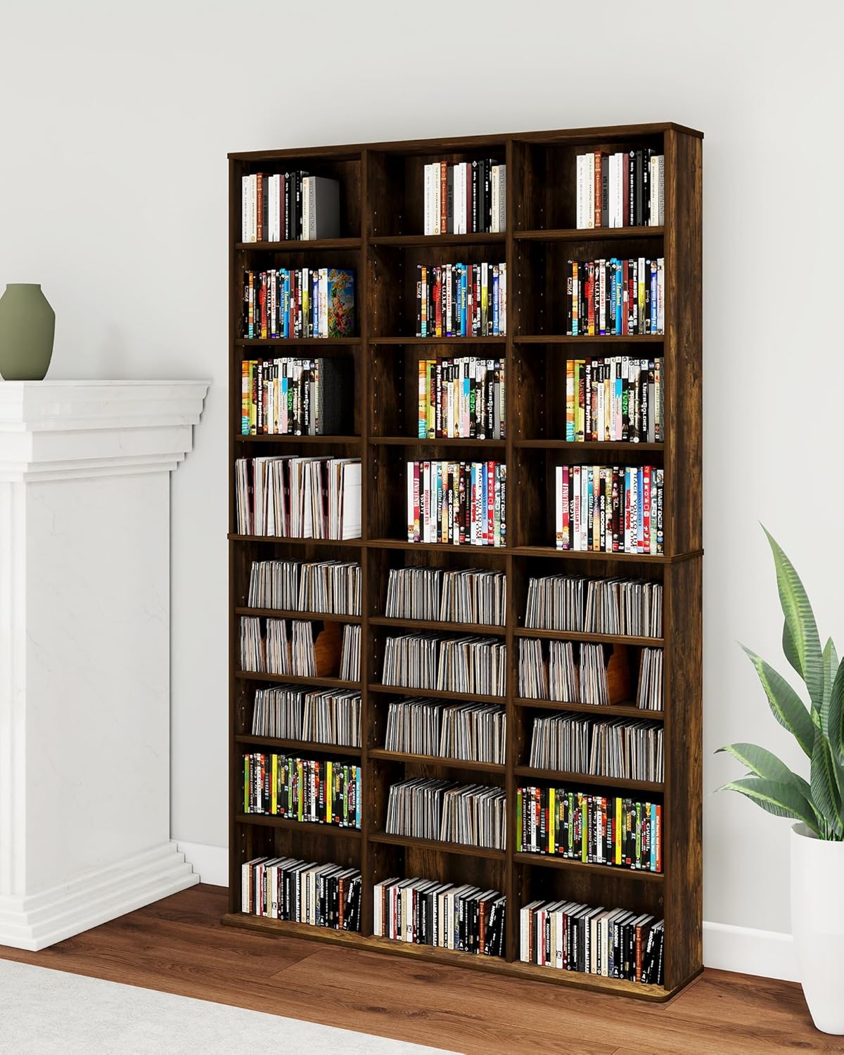 DVD Storage Tower with Adjustable Shelves, 8-Tier DVD Rack Tower for CDs, DVDs, Blu-Rays, Video Games, Rustic Brown Multimedia Storage Cabinet, Media Shelf Organizer for Living Room