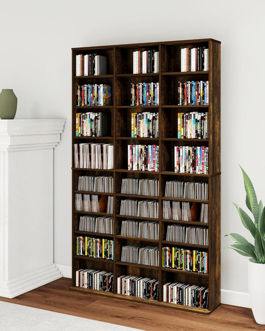 DVD Storage Tower with Adjustable Shelves, 8-Tier DVD Rack Tower for CDs, DVDs, Blu-Rays, Video Games, Rustic Brown Multimedia Storage Cabinet, Media Shelf Organizer for Living Room