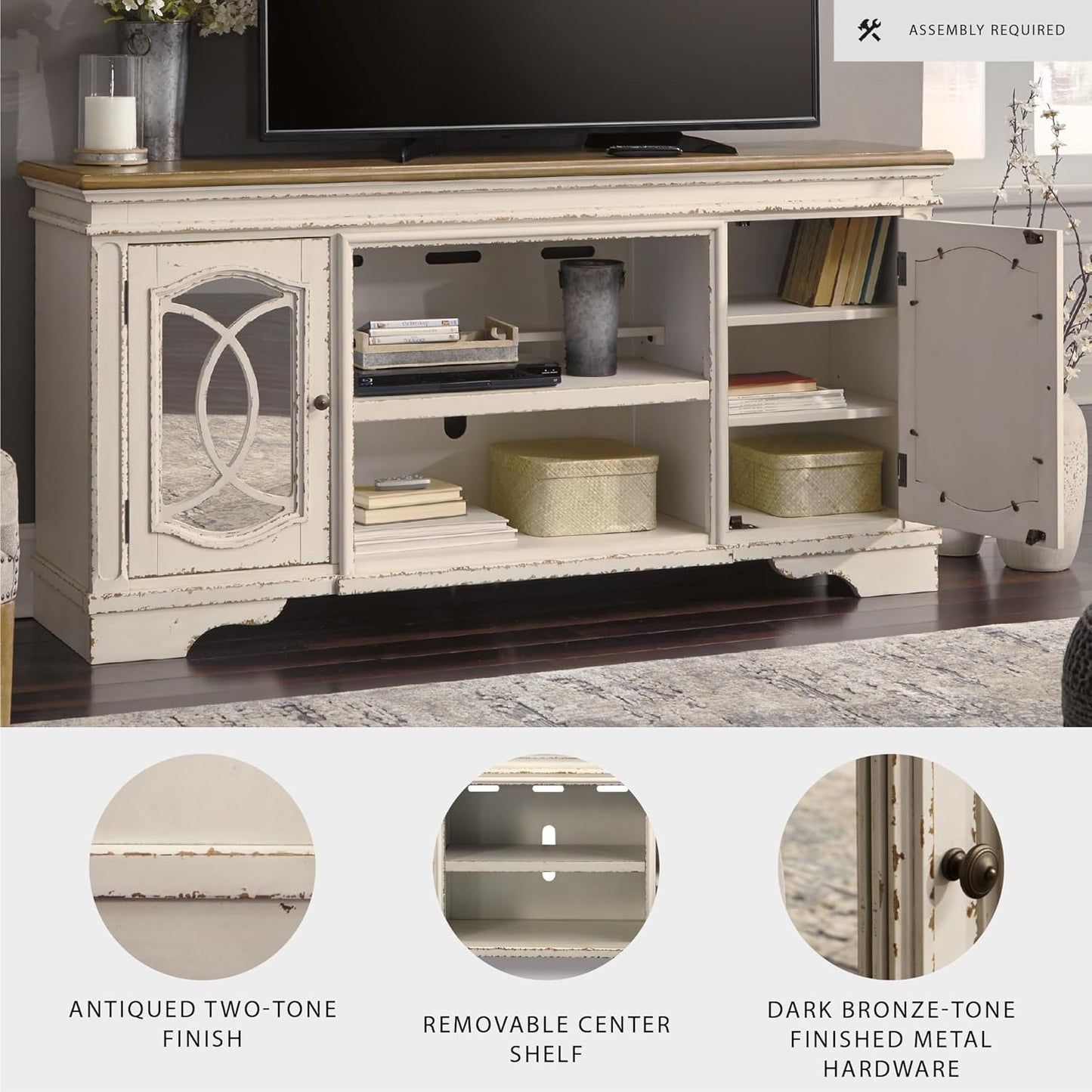 Signature Design by Ashley Realyn Farmhouse TV Stand with Fireplace Option Fits TVs up to 72", 2 Cabinet Doors and Adjustable Storage Shelf, White & Rustic Brown