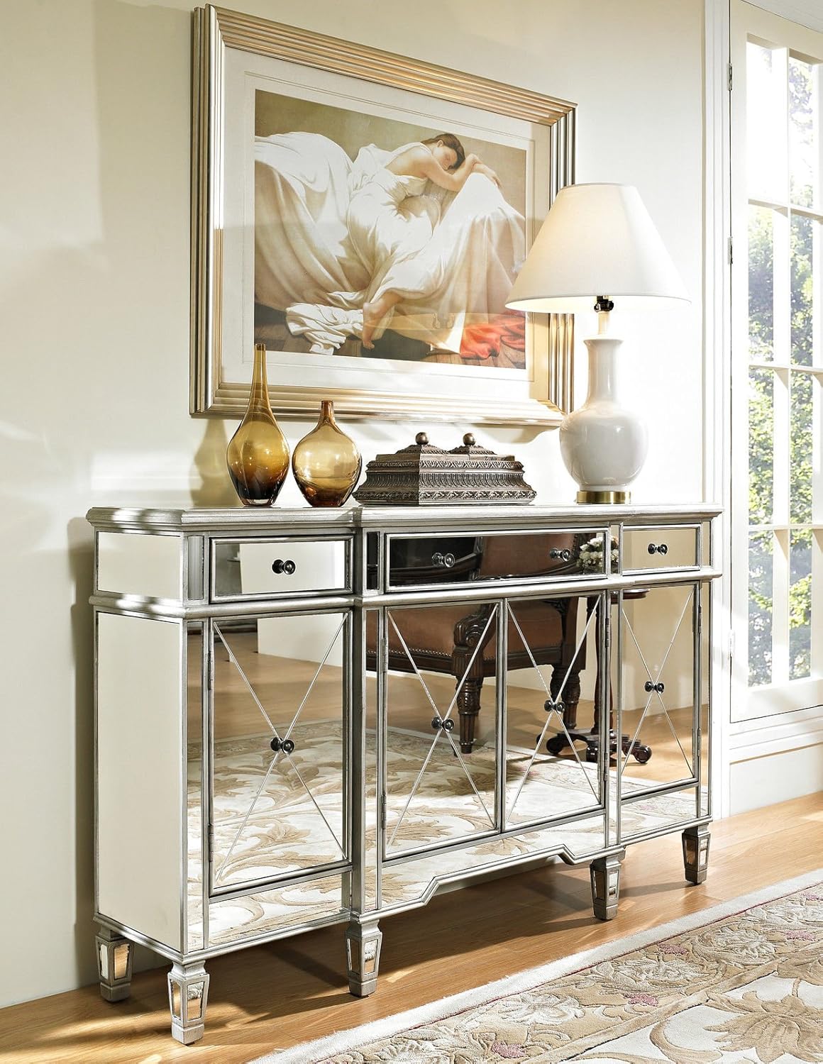 Benton Collection 60" Silver Wood Frame Mirrored Panels Andrea Storage Sideboard Buffet Cabinet for Living Room